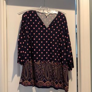 Talbots navy with pattern popover top 3/4 length sleeves